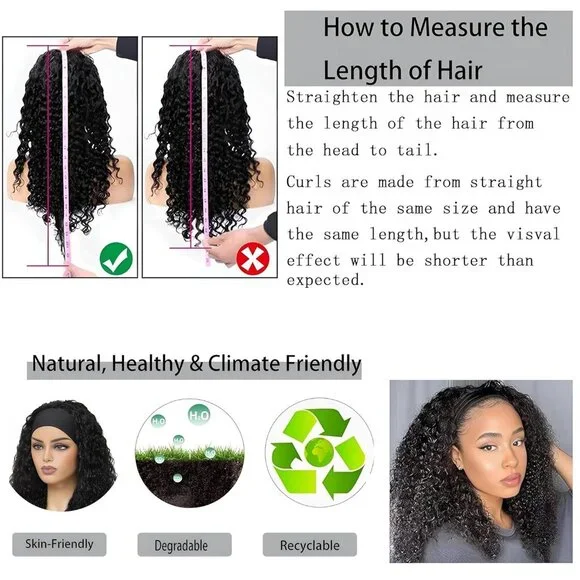 Curly Human Hair Headband Wig 20Inch Glueless Tangle-Free Natural Color